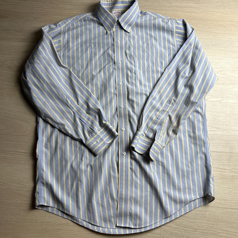 Brooks Brothers Mens 16 33 Shirt Blue Yellow Striped Non Iron Oxford Button Down